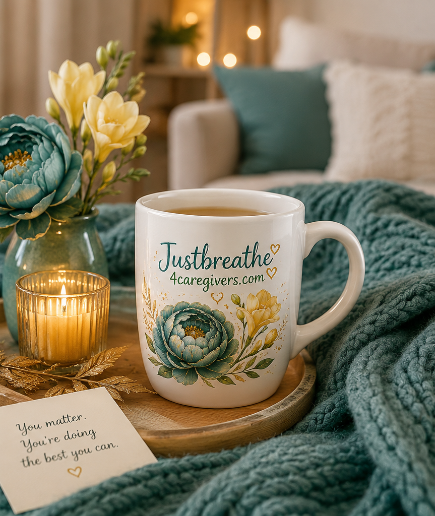 JustBreathe4Caregivers coffee mug with teal peony flowers